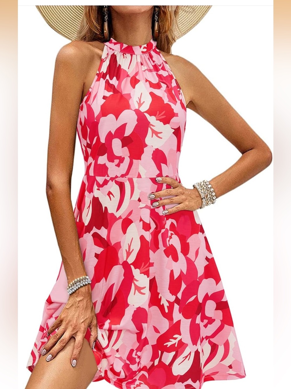 OUGES Women's Halter Neck Floral Summer Casual Sundress nwt large